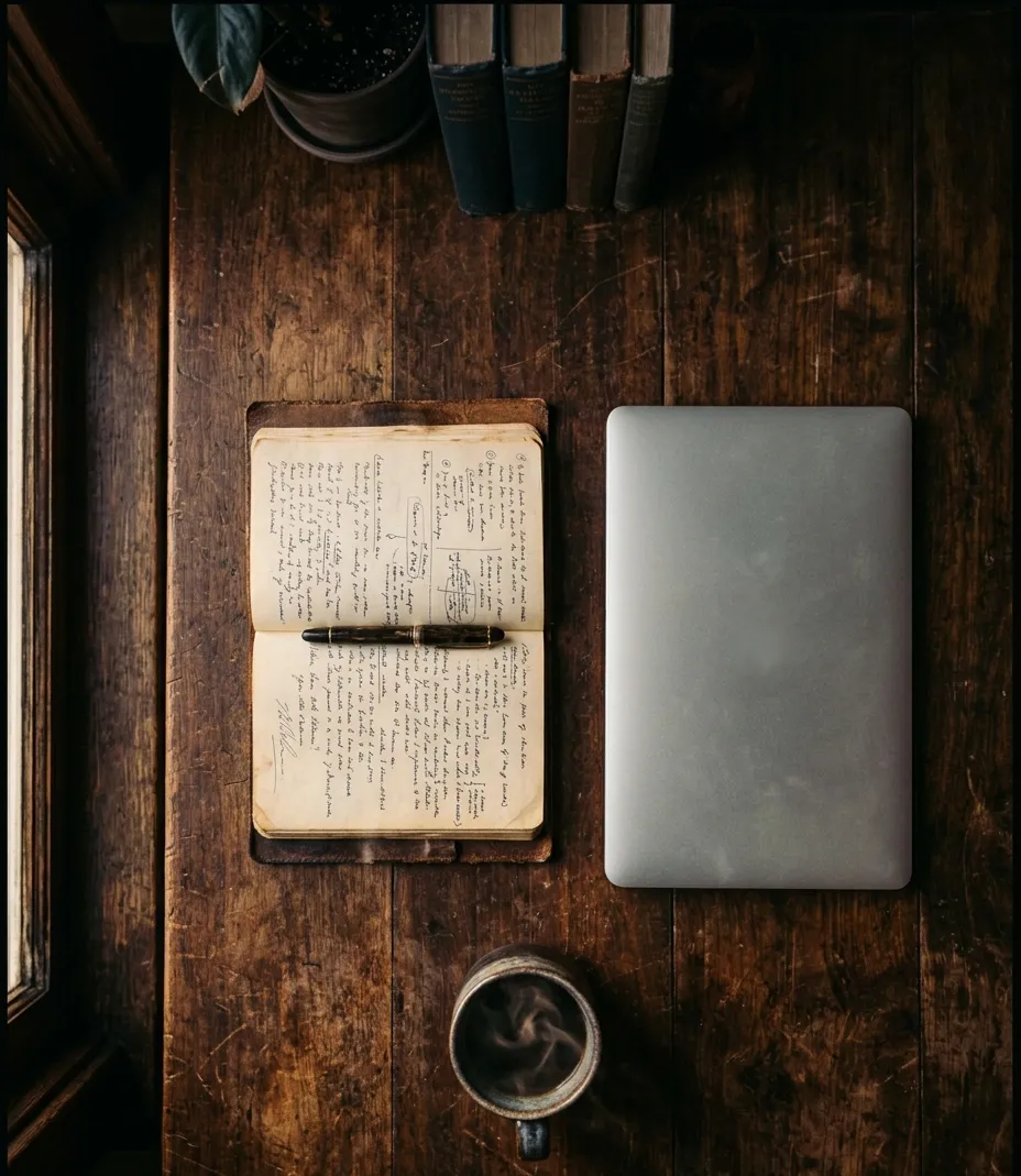 Workspace mit Notizbuch, Laptop und warmem Licht